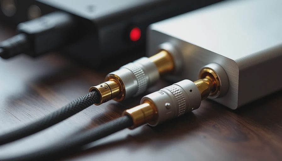 Level-matching setup showing cables from an audio interface and a separate DAC beside a small measurement device.