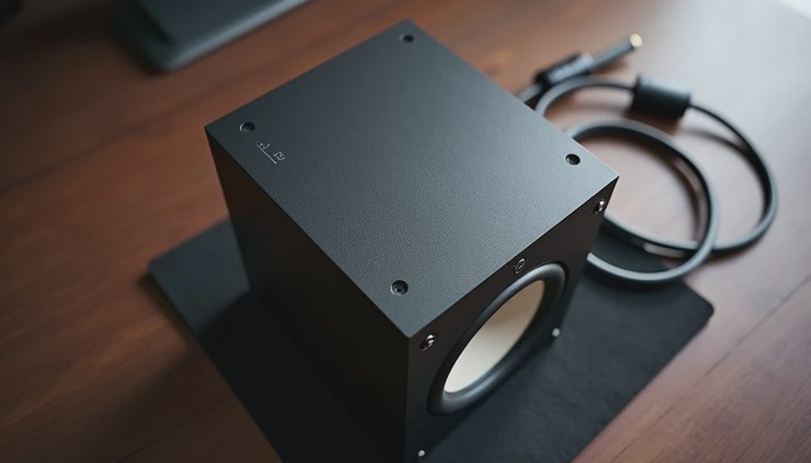 Close-up of a black studio monitor rear panel with boundary switches and cable connections on a wooden desk.