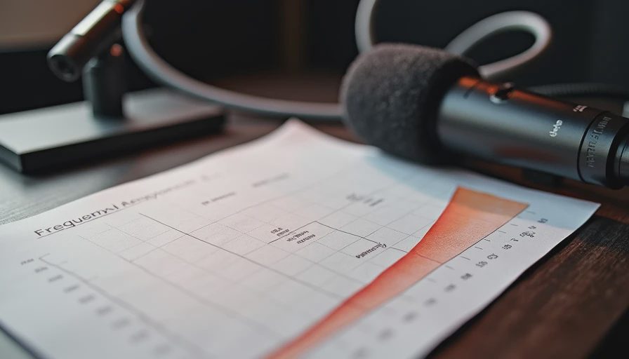 Frequency response graph on matte paper beside a measurement microphone on a dark wooden desk.