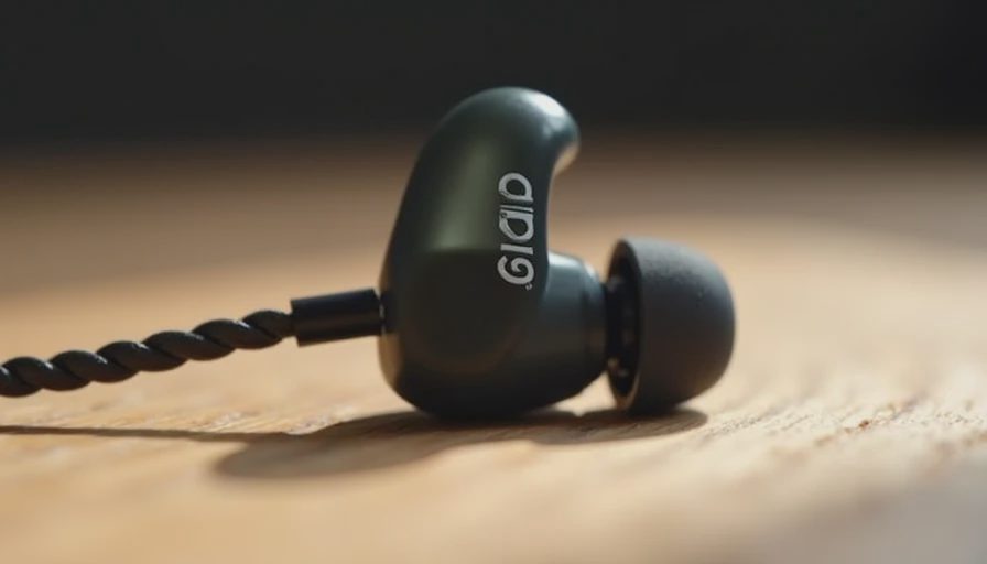 Close-up of a dark resin IEM shell with foam and silicone tips on a light wooden surface.
