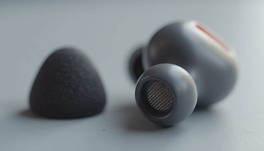 Close-up of a wireless earbud nozzle and interchangeable silicone and foam tips on a neutral surface.