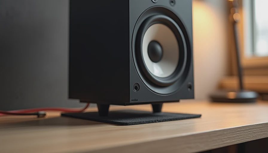Side view of a monitor on an isolation stand at the front edge of a desk with absorption material to reduce reflections.