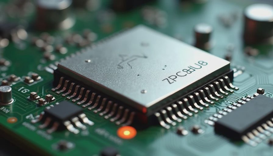 Extreme close-up of a DAC chip and surrounding components on a circuit board.