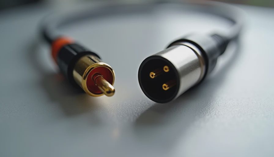 Close-up comparison of RCA and XLR cable connectors showing construction details.