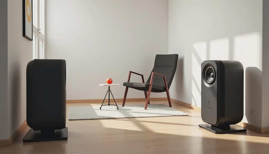Overhead-ish view of correctly placed active speakers showing distance from wall and triangle geometry with the listening seat.