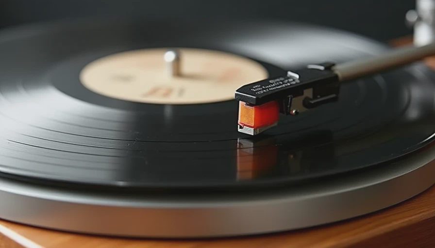 Close-up of a vinyl record on a turntable with stylus in the groove under soft side lighting.