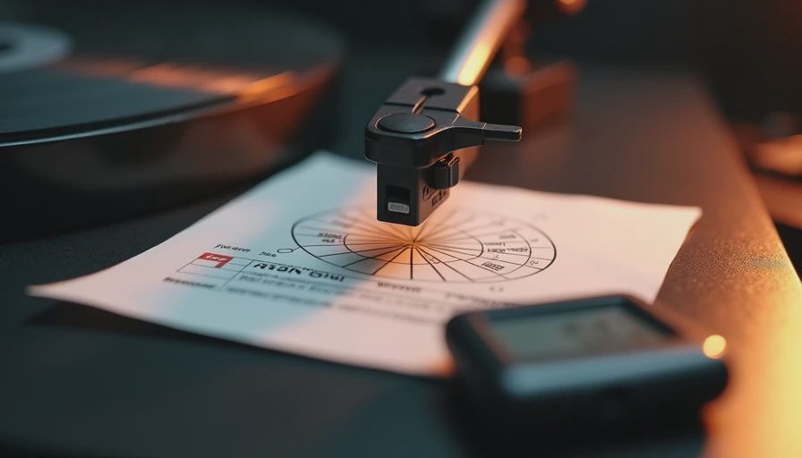 Close-up of a turntable alignment protractor with cartridge stylus positioned on a null point next to a digital force gauge.