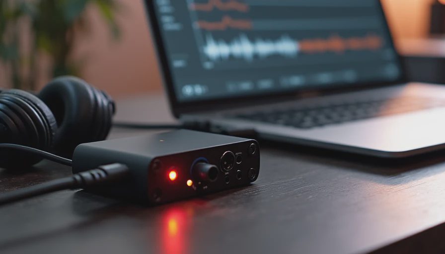 Level-matching audio setup with interface, headphones, and laptop meters for streaming comparison.