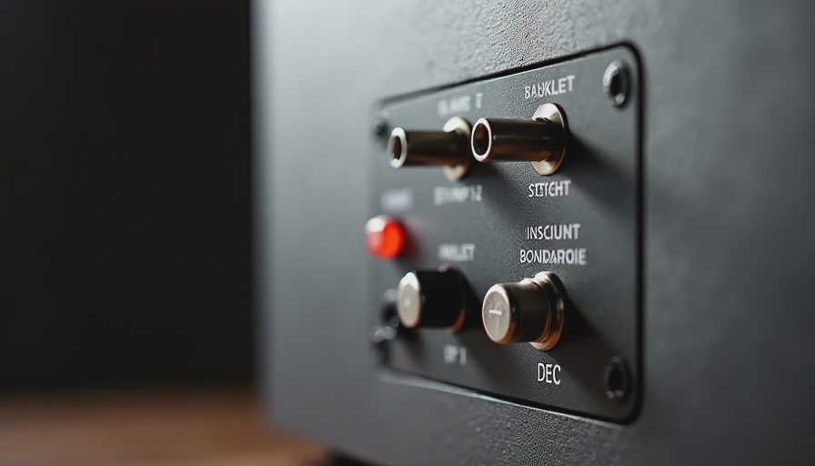 Close-up of an active speaker rear panel with inputs, power connection, and control switches.