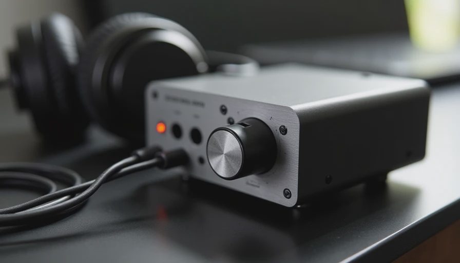 Close-up of a matte black desktop headphone amplifier with volume knob and connected headphones.