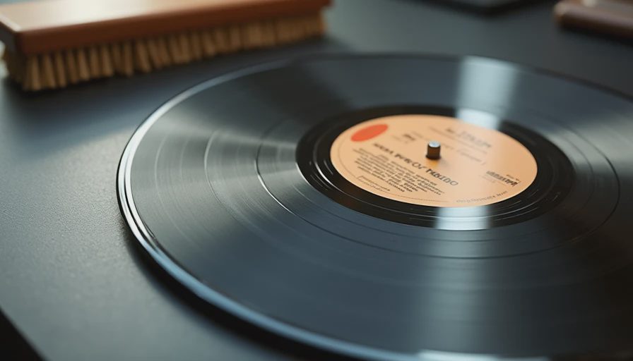 Close-up of an original vinyl pressing next to a modern reissue with a record brush on a dark surface.