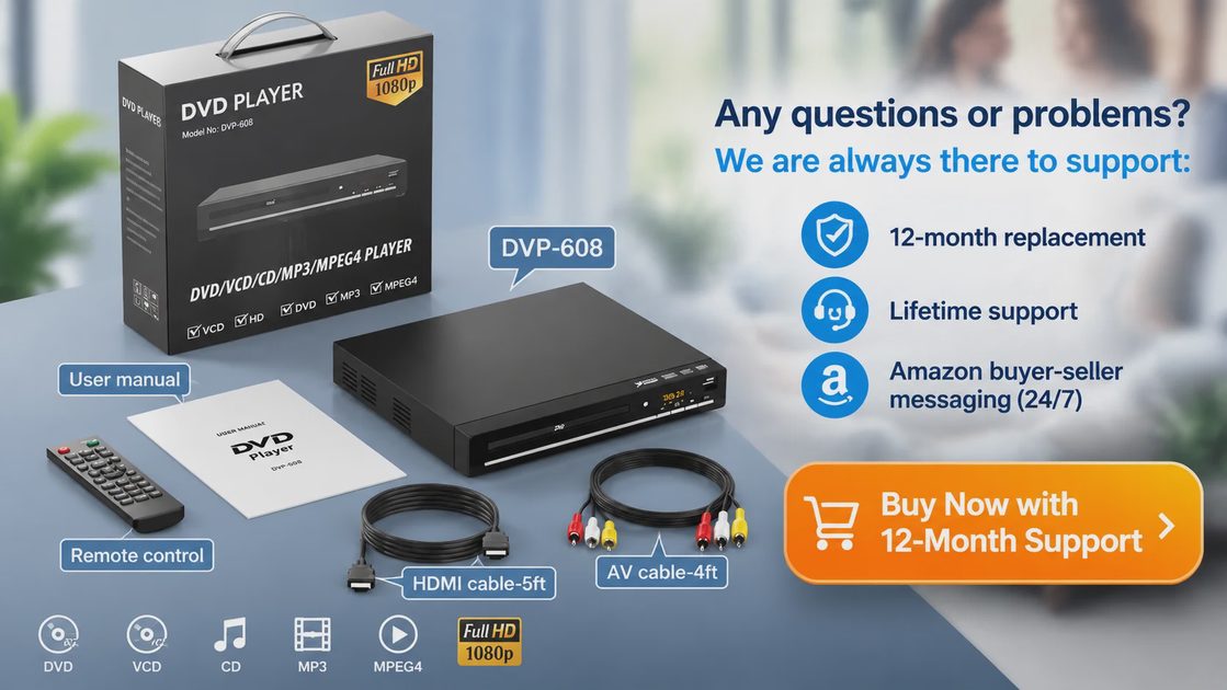 Model DVP-608 DVD player with packaging box, remote control, HDMI cable, and AV cable.
