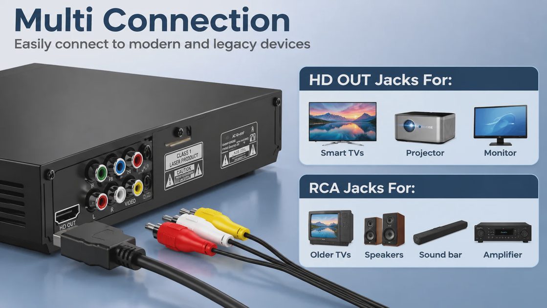 DVD player back panel with HD OUT and RCA connections for smart TVs, projectors, and speakers.