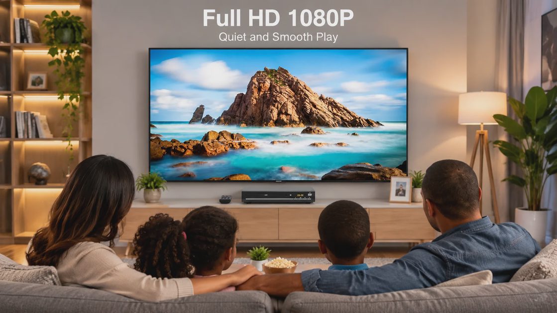 Family watching Full HD 1080p movie on flat screen TV connected to quiet DVD player.