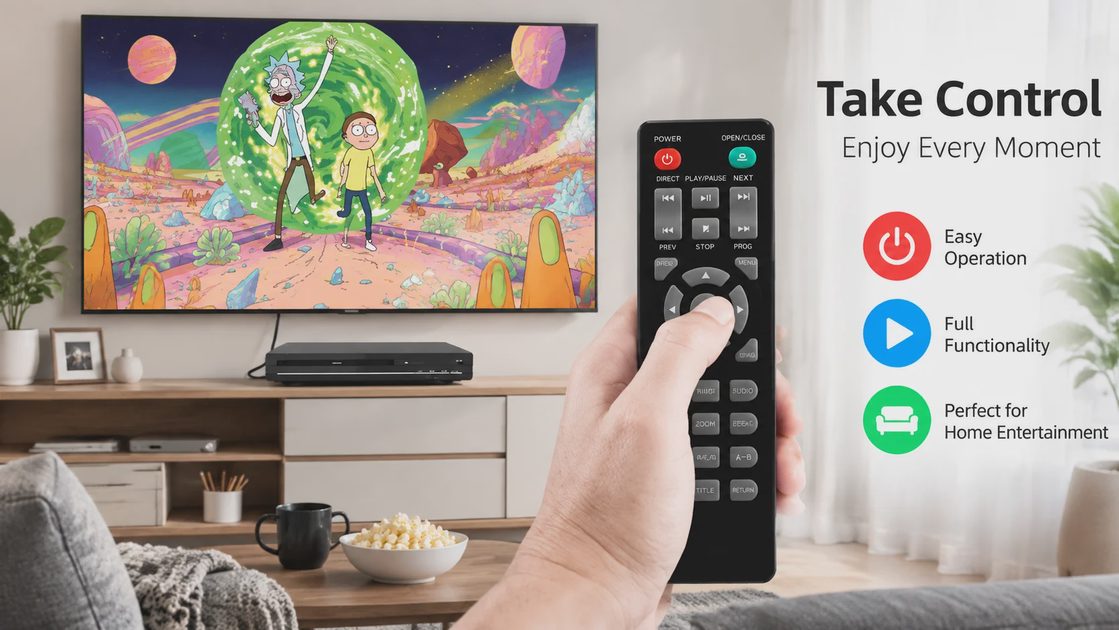 Hand holding remote control to operate DVD player connected to wall mounted smart TV.