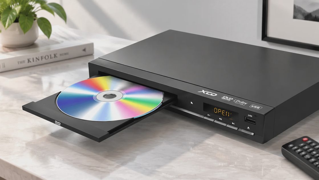 Black compact DVD player with open disc tray holding a DVD CD disc on table.