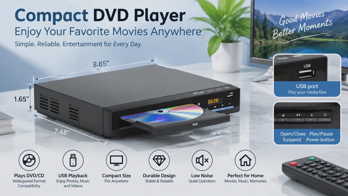 Compact DVD player with USB port, LED display, and remote control for home media playback.